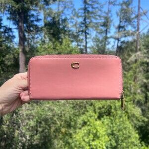 COACH Long Zip-Around Wallet Smooth Pink Leather with Gold Hardware AUTHENTIC